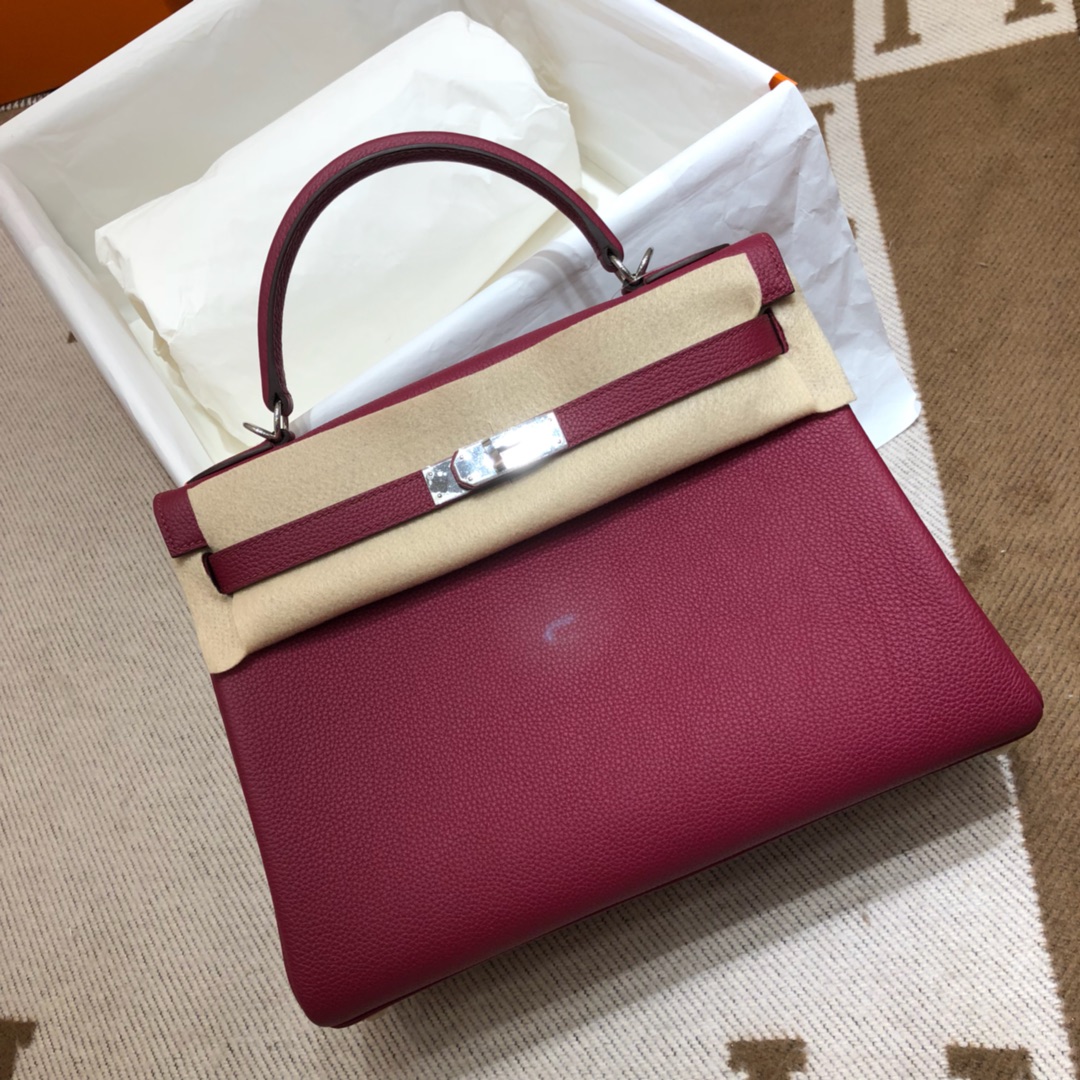 Hermes Kelly 32cm Handbag Shoulder Bag in Burgundy Togo Leather